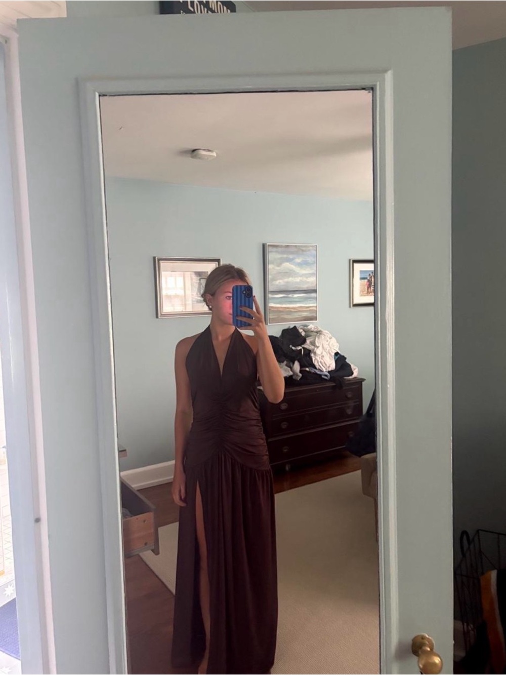 Elegant Brown Halter Ruched Maxi Dress